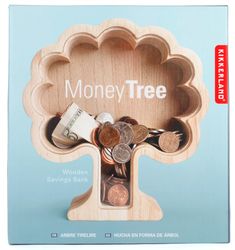 a wooden money tree with coins in it