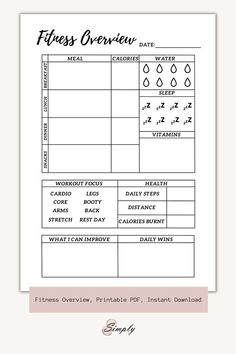 the printable fitness overview sheet is shown in black and white, with text on it