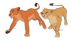 the lion and cub are facing each other