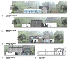 three diagrams showing different types of houses in the same area, with trees and bushes behind them