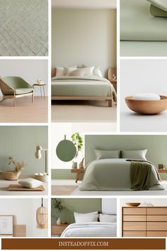 a collage of photos with different furniture and decor items in green tones, including a bed