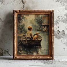 a painting of a boy and his dog in a boat