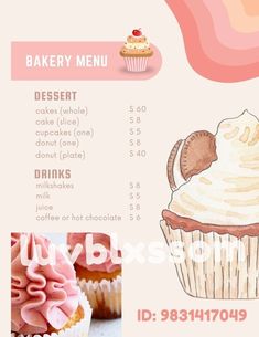 the bakery menu is shown with cupcakes and muffins in pink colors