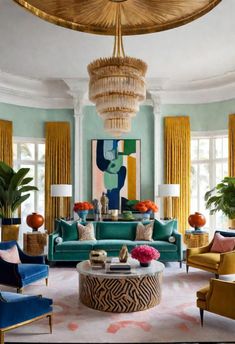 a living room with blue couches and yellow curtains on the windowsill, gold chandelier