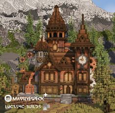 Manor Minecraft House, Med Evil Minecraft House, Minecraft Town Hall Ideas Medieval, Minecraft Desert Library, Detailed Minecraft Builds, Minecraft Atrium, Steam Punk Minecraft House, Mc House Ideas Cottage, Autumn Minecraft House