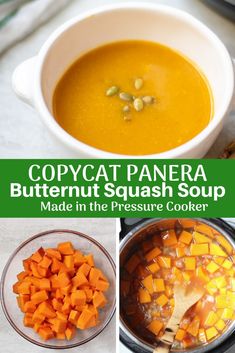 this is a collage of pictures with soup and vegetables in the same bowl, including butternut squash