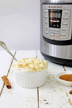 instant pot rice pudding in front of an instant pressure cooker