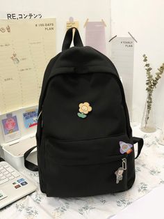 Black    Nylon   Embellished   Women Bags College Essentials, Small Laptop, Cute Backpacks, Classic Backpack, Girl Backpacks, Trendy Fashion Women, Black Nylons, Black Backpack, School Backpacks