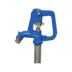 a blue pipe clamper with a metal handle and nozzle on the end