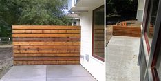 two pictures side by side one with wood siding and the other with concrete flooring