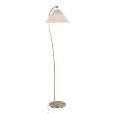 a floor lamp with a white shade on the base and a light bulb attached to it