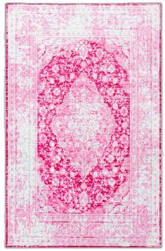 a pink and white rug with an intricate design on the center, in front of a white background