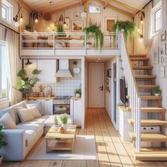 a living room filled with furniture and lots of plants on top of the stairs in front of a kitchen