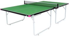 a green ping pong table with white legs and pink trim on the top, against a white background