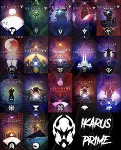 various posters with different colors and shapes on them, including the words karusus prime