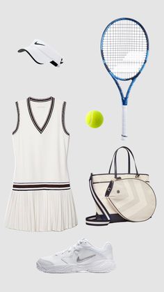 the tennis outfit is white and has a blue racket, bag, shoes, and purse