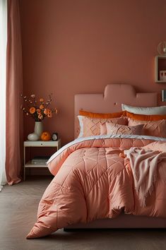 a bedroom with pink walls and orange bedding