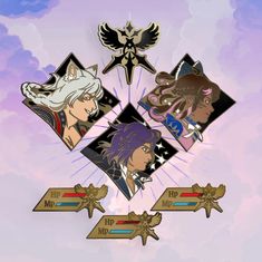 four different anime pin badges in the shape of an eagle, wolf, and star