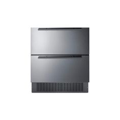 a silver refrigerator freezer sitting on top of a white wall