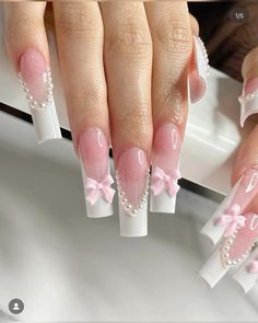 French tips with pink bow Really Cute Nails, Unique Acrylic Nails, Nail Swag, Pink Acrylic Nails, Nail Accessories, Long Acrylic Nails, Nail Kit, Cute Acrylic Nails