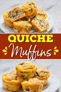 muffins with spinach and cheese on top are shown in three different pictures