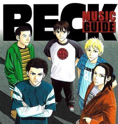 a group of young men standing next to each other in front of a poster with the words beck music guide on it