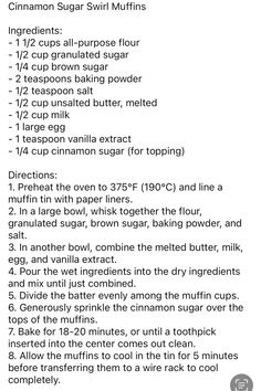 the recipe for cinnamon sugar swirl muffins is shown in black on a white background