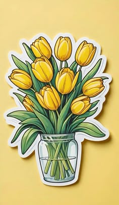 yellow tulips in a vase sticker on a yellow background with space for text