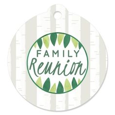 the family reunion logo is shown on a white and green striped background with trees in the center