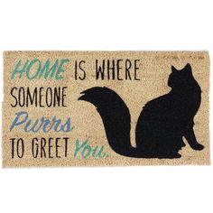 a door mat with a black cat sitting on it's side and the words home is where someone pets to greet you