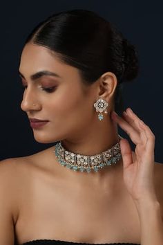 Gold two-tone choker necklace with kundan stone studded floral patterns with blue bead drops. Comes with matching pair of earrings. - Aza Fashions Genelia D'souza, Diana Penty, Jacqueline Fernandez, Back Necklace, Stone Studs, Mixed Metals, Beaded Choker, Modern Bride, Blue Beads