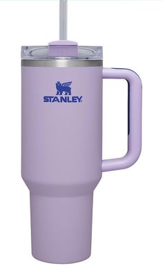 a purple travel mug with a straw in the cup and stanley logo on it