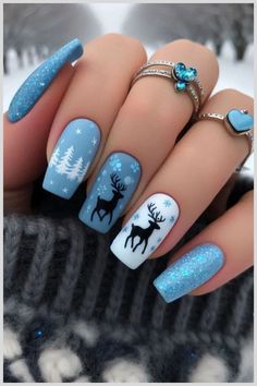 Blue Christmas Nails, Nail Art Noel, Christmas Gel Nails, Nails Blue, Nails Winter, Winter Nail Art, Winter Nail Designs, Winter Nail, Xmas Nails