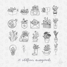 20 wildflower arrangements drawn in black and white