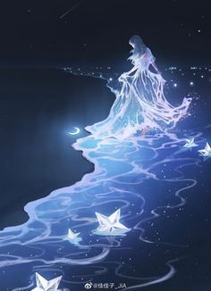 a woman standing on the edge of a body of water with stars floating around her