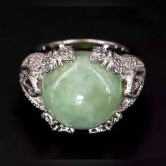 Gorgeous Vintage Owned Jade Ring In Sterling Silver, Jade Stone Setting. Size- 7.5 Us Weight - 12g Top: 16mm (Approx.) Band: 4mm (Approx.) Beautiful Burmese Green Jade Sterling Silver Ring. Enchanting Filigreed Cocktail Ring, Features A Main Stone Of Green Jade In A Whimsical Setting Of 4 Butterflies. Beautiful Condition, Never Been Worn. All Of Our Pieces Were Purchased Brand New In The U.A.E. All Stones Are In Excellent Condition. A Wonderful Statement Ring. Silver Emerald Collectible Ring, Silver Jade Rings For Formal Occasions, Formal Silver Jade Ring, Jade Engagement Ring, Green Jade Ring, Jadeite Ring, Jade Wedding, Girly Car Accessories, Green Sapphire Ring