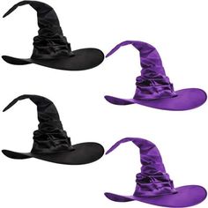 three purple witches hats with black brims on them, one in the shape of a witch's hat