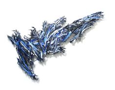 an abstract piece of art made out of blue and silver tinsels on a white background