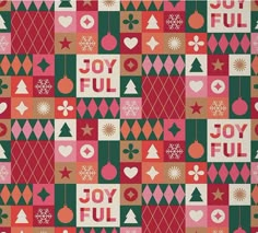 a colorful christmas pattern with ornaments and words on the front, in red, green, pink