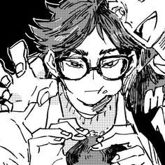 a black and white drawing of a man with glasses looking at his cell phone while he is