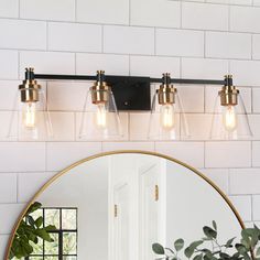 a bathroom with a round mirror and three lights on the wall next to a potted plant