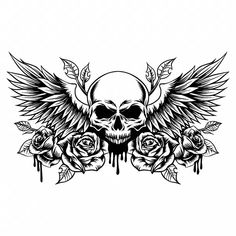 a skull with wings and roses tattoo design