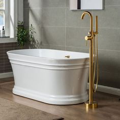 Our high quality solid brass designed freestanding tub fillers feature: ceramic faucet cartridges for long lasting leak-resistant smooth operating functionality, easy to remove and clean opener aerators, detachable hand showers for added flexibility, solid and stable mounting hardware, stainless water supply lines, and 360 degree swivel function to allow for even more comfort. Woodbridge Frankfurt Brushed Gold 1-handle Freestanding Swivel Bathtub Faucet with Hand Shower Stainless Steel | LF904 Freestanding Tub Faucet, Freestanding Tub Filler, Shower Wall Panels, Bathtub Drain, Tub Doors, Freestanding Bathtub, Freestanding Tub, Acrylic Bathtub, Soaking Bathtubs