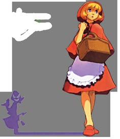 a woman in an orange dress and hat is holding a brown bag while standing next to a shadow