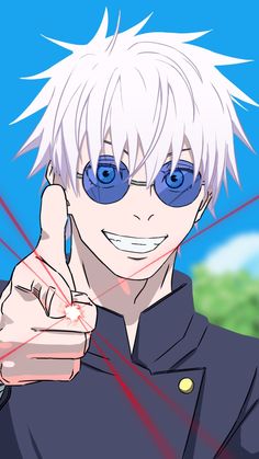 an anime character with white hair and blue eyes giving the thumbs up while wearing sunglasses