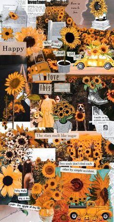 the collage has sunflowers and other things on it, as well as words