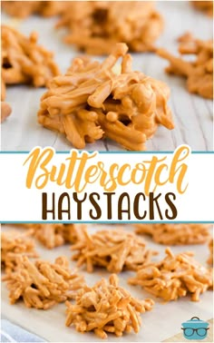 butterscotch haystacks on a baking sheet with text overlay that reads butterscotch haystacks