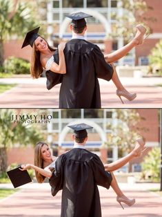 two pictures of a woman in graduation gown holding a man