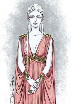 a drawing of a woman with white hair wearing a pink dress and gold bracelets