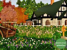 a large house with lots of flowers and trees in the front yard, along with a wooden wheelbarrow